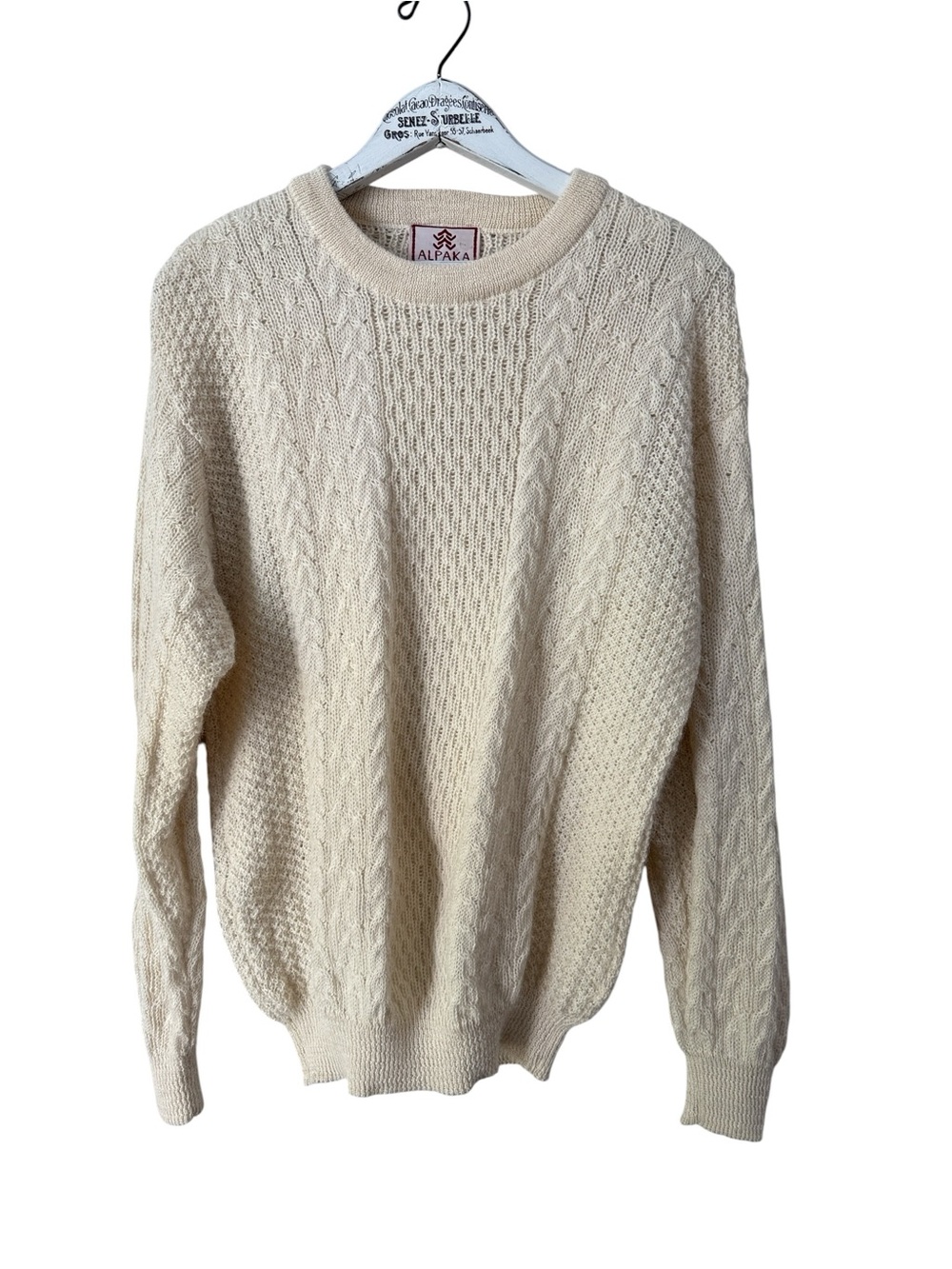Alpaka 100% Alpaca Cable Knit Cream Sweater Unisex Men’s M/L or Women’s L/XL